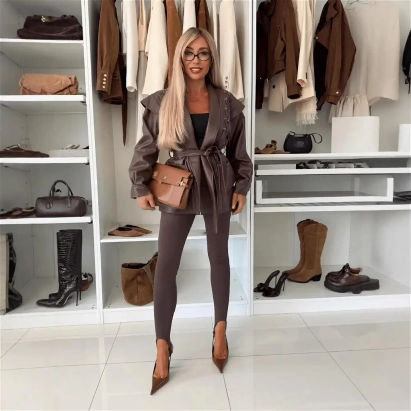 Ele الخريف الشتاء الجلود Jaet طويلة Sve التعادل الخصر طوق الوقوف Faionable ركاب Sle المرأة قسط معطف