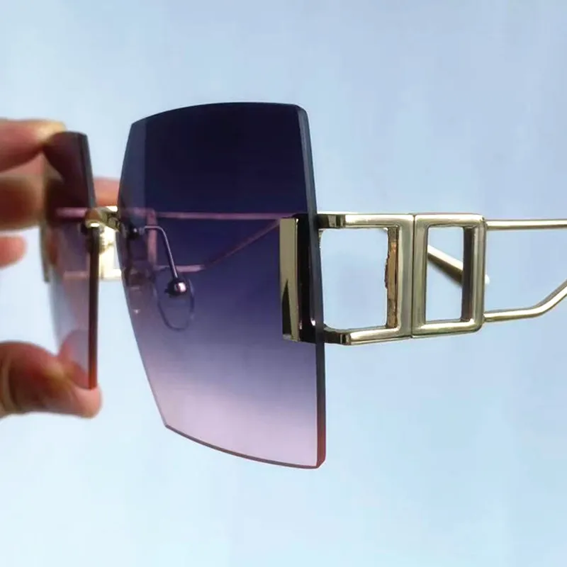 NEUE Sonnenbrille für Damen, Randlos, UV-Schutz, Eckige Brille mit Farbverlauf-Gläsern, Google-Legierungs-Bügel, Sonnenbrille – Detail 12