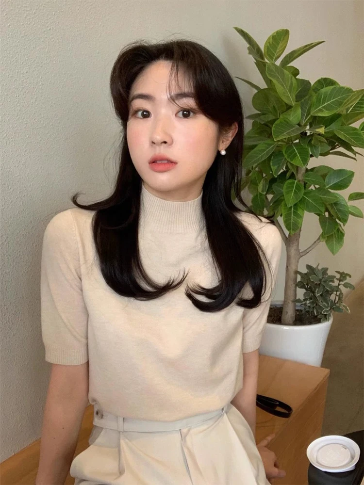 

Ele ort Sve Knitted irt Women's Summer New Sle Simple Match Slim Fit Base irt Top Stand Collar Commute Sle