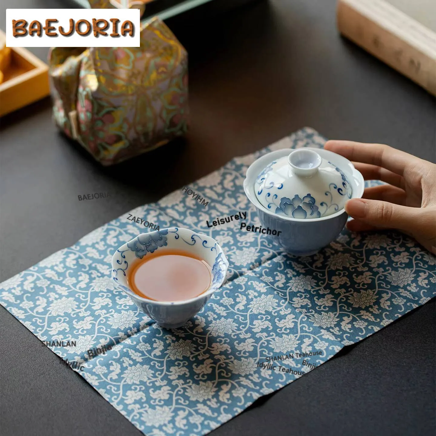 Hand Painted Peony Travel Tea Set Kit Handmade 1 Bowl 1 Cup Household Tea Maker Organizer Portable Camping Tote Bag Cafes Craft view 4