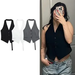 HXAO Off Shoulder Vests For Women Backless Halter Neck Sleeveless Vest Woman Summer Vest V Neck Black White Grey Waistcoat Women