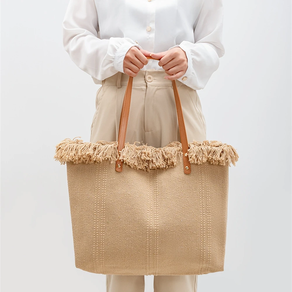 Large Capacity Tassel Shoulder Bag Women's Canvas Tote Bags Eco Solid Color Pu Shoulder Shopping Bag Summer Beach Cloth Bag 2024