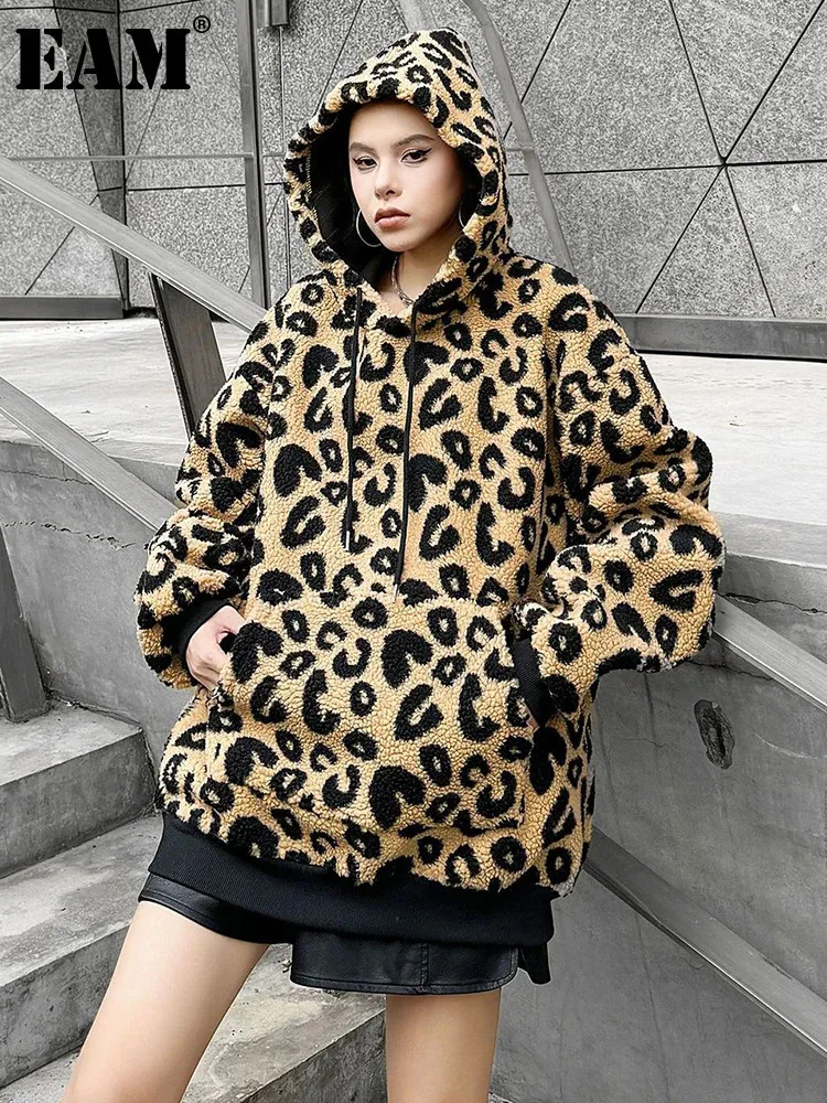 [EAM] Leopard Thick  Warm Pocket Sweatshirt New Hooded Long Sleeve Women Big Size Fashion Tide Autumn Winter 2023  1DH7834