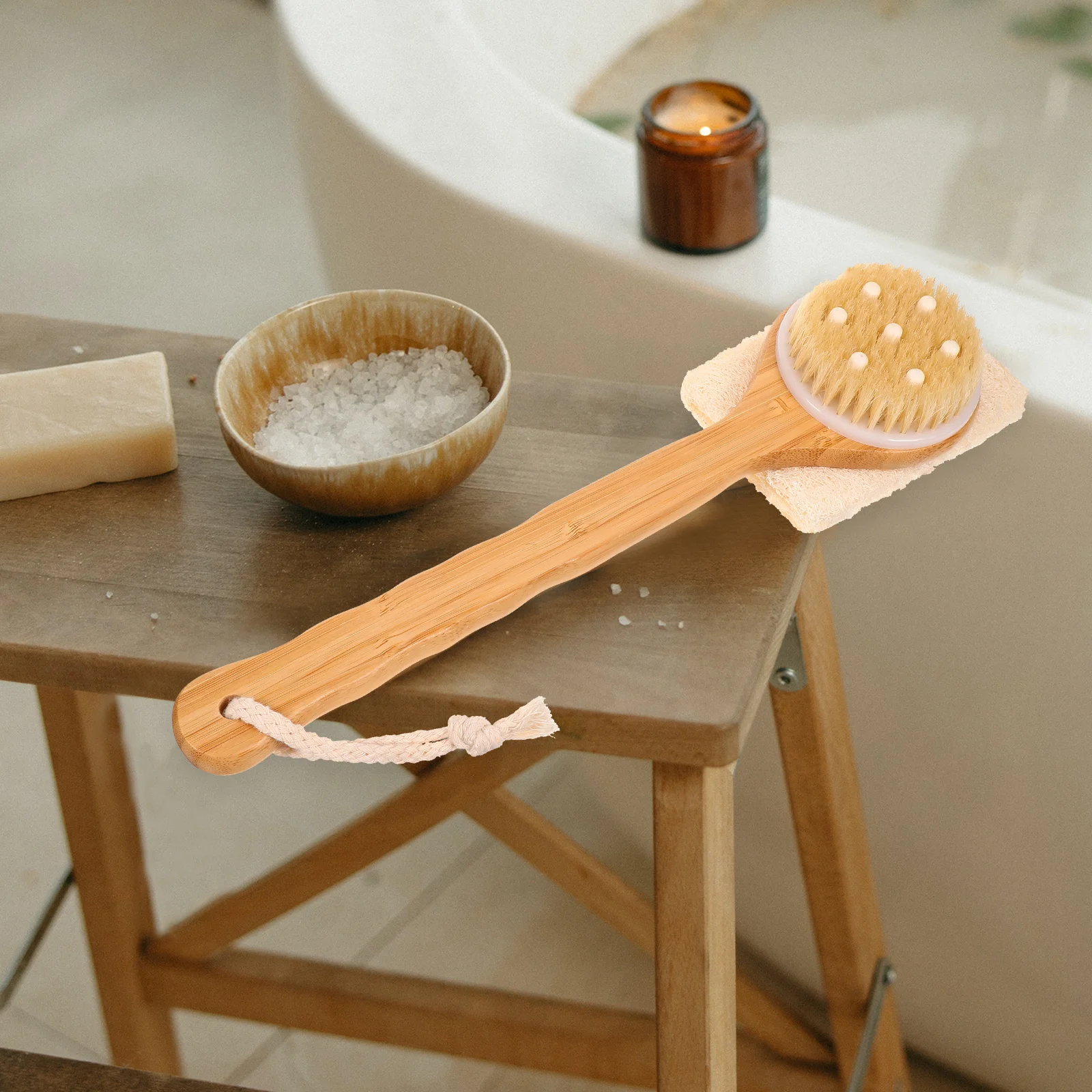 

Handheld Bath Brush Loofah Sponge Exfoliating Scrubber Long Handle Skin Cleaning Tool for Body Arms Legs Chest Shower Use