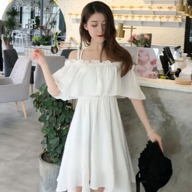 2022 Summer Women White Black Chiffon Dress Backless Lotus Leaf Short Sleeve Ladies Sundress