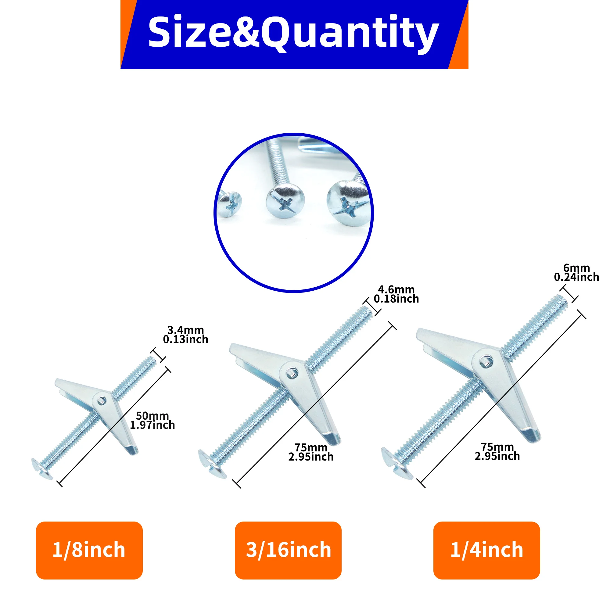 Carbon Steel Toggle Bolts Drywall Anchors, Airplane Wing Toggle Screws for Gypsum Board Wall Mounting, 1/8