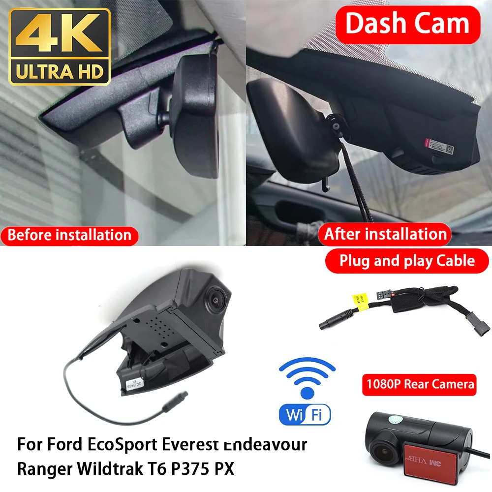 for Ford EcoSport Everest Endeavour Ranger Wildtrak T6 P375 PX 4K 2160P Dash Cam Front Rear Car Camera DVR Wifi  Plug & Play