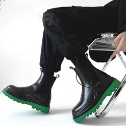 Black Leather Chelsea Boots Men/women Round Toe Green Soles mid-calf British Style fashion Boots Slip-on 2024 New rain boots