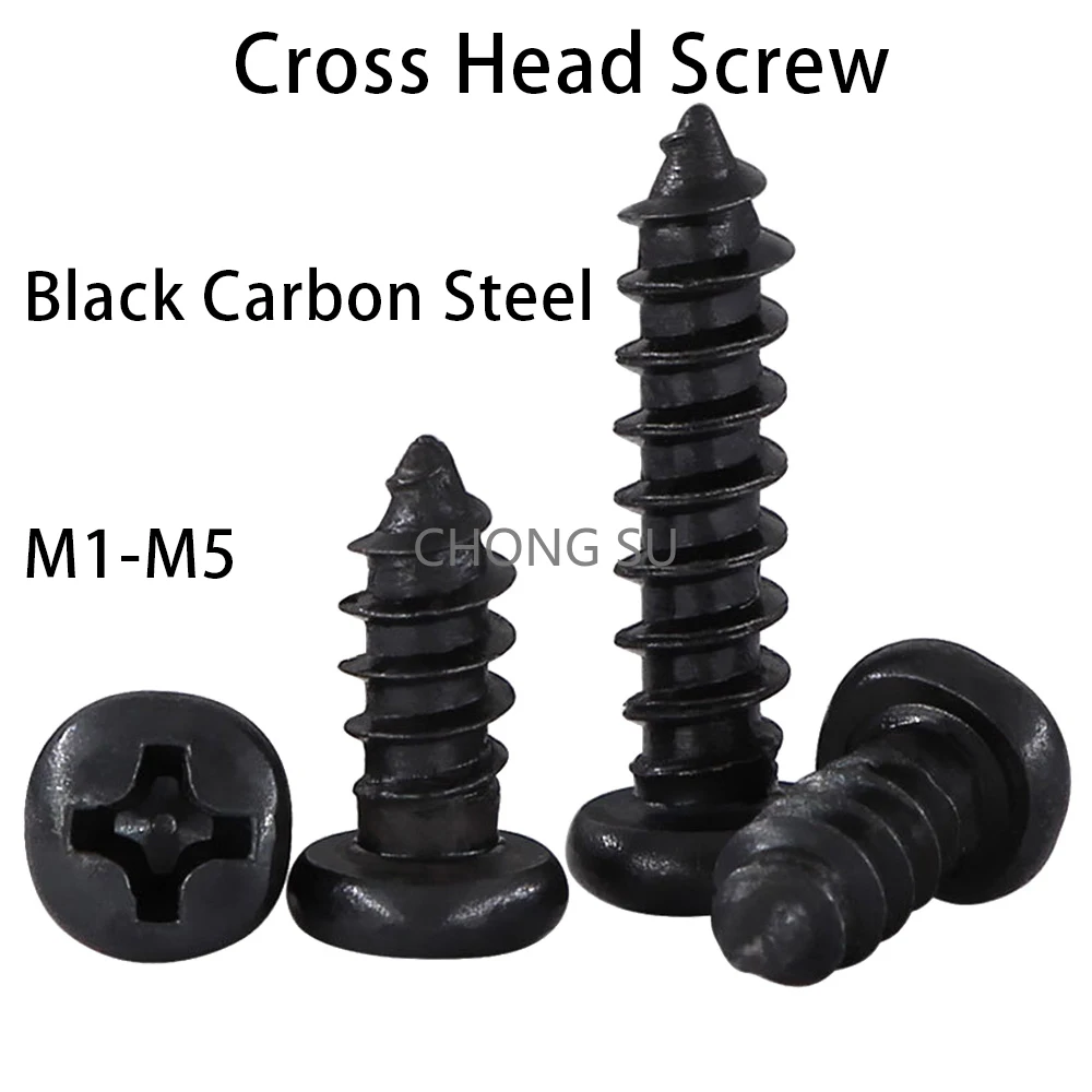 

100pcs Black Carbon Steel Screws M1 M1.2 M1.4 M1.5 M1.7 M2 M2.3 M2.6 M3 M3.5 M4 M5 Cross Round Head Phillips Self-tapping Screw