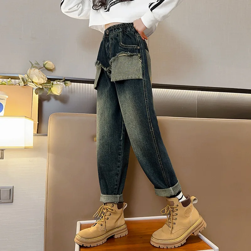 Girls Spring and Autumn leak Pocket Jeans 2024 New Style Children's Fashionable and Casual mid to large Kids Boy Pants 120-170cm