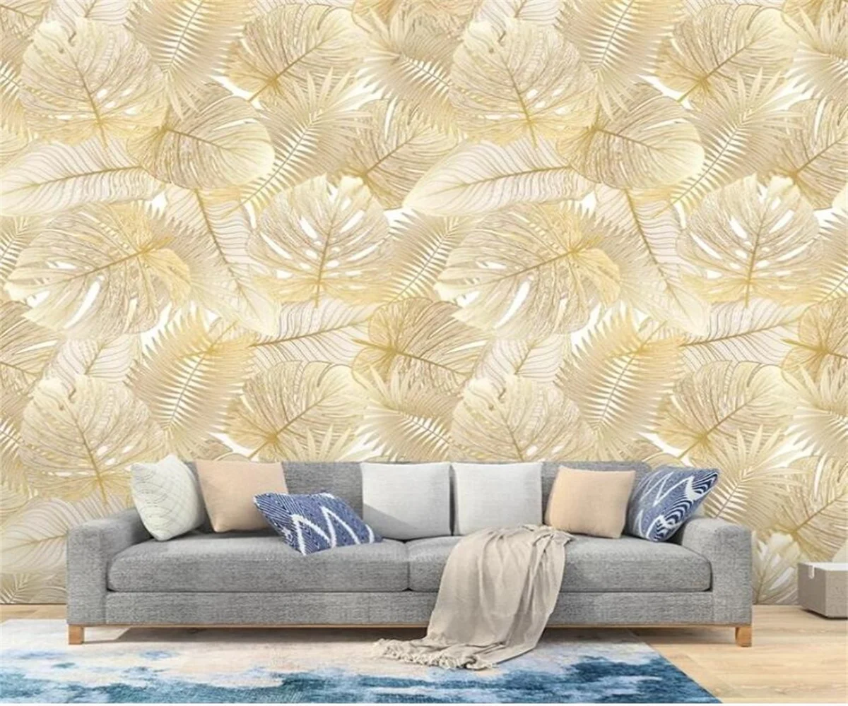 

Custom mural modern simple advanced sense background gold tropical leaf pattern living room TV background wall wallpaper