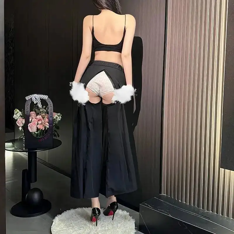 Invisible Zipper Open Crotch Women Pants High Waist Sweatpants Wide Leg Casual Trousers
