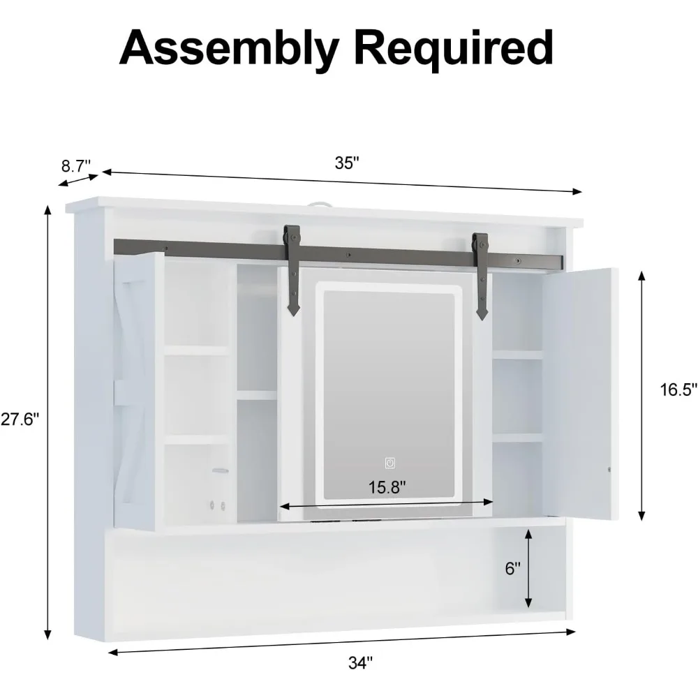 バスルーム用のスライド式納屋ドア付き照明付きミラー薬箱、3色LEDメモリ照明