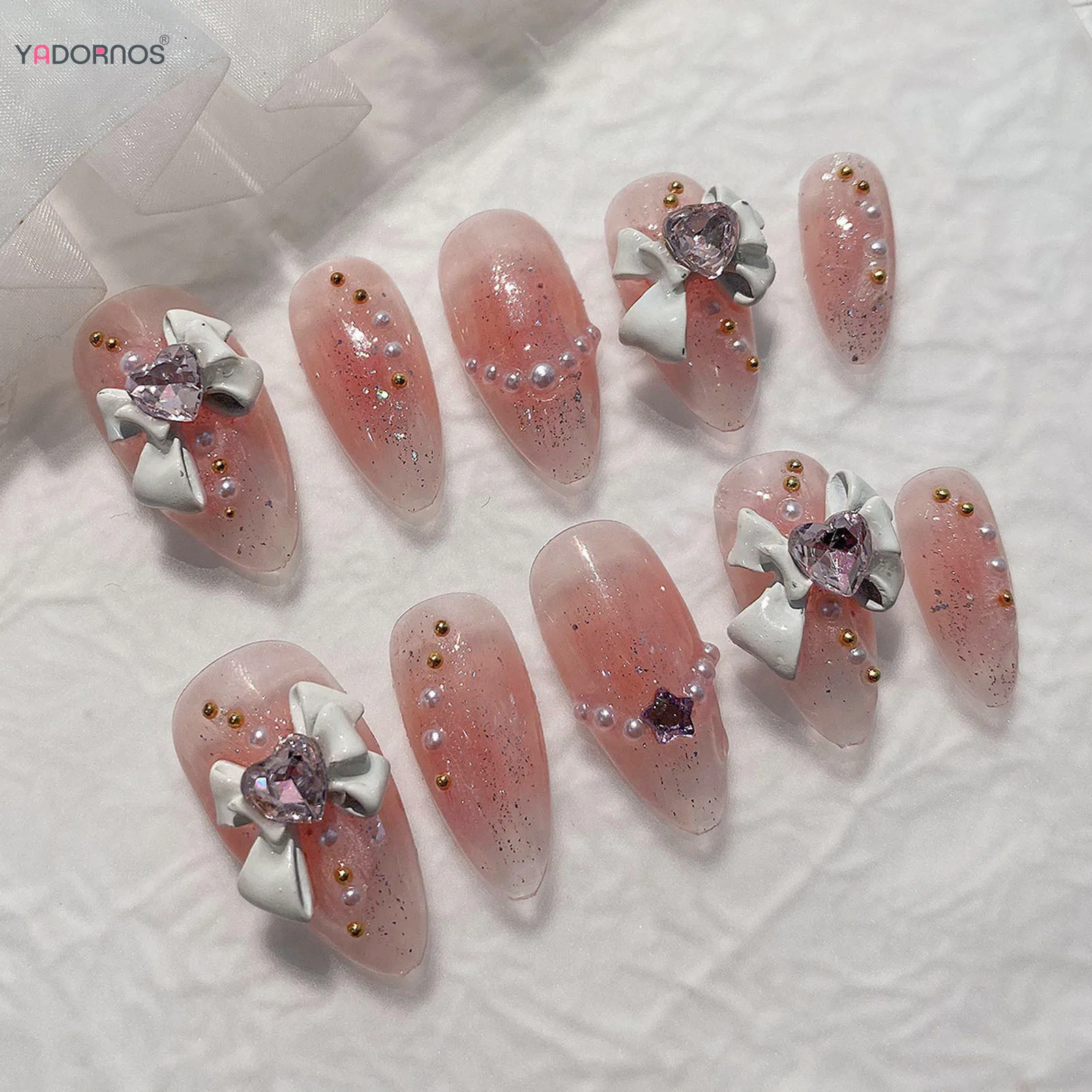 

Blush Pink Handmade Fake Nails Almond Ballerina Press on Nails 3D Bowknot Pearls Designs Full Cover Wearable Manicure Nails Tips