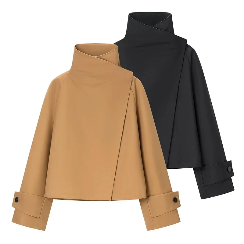 Guobioziy Women's  Early Autumn Minimalist Style Casual Long Sleeve Stand Collar Strap Detail Loose Short Trench Coat