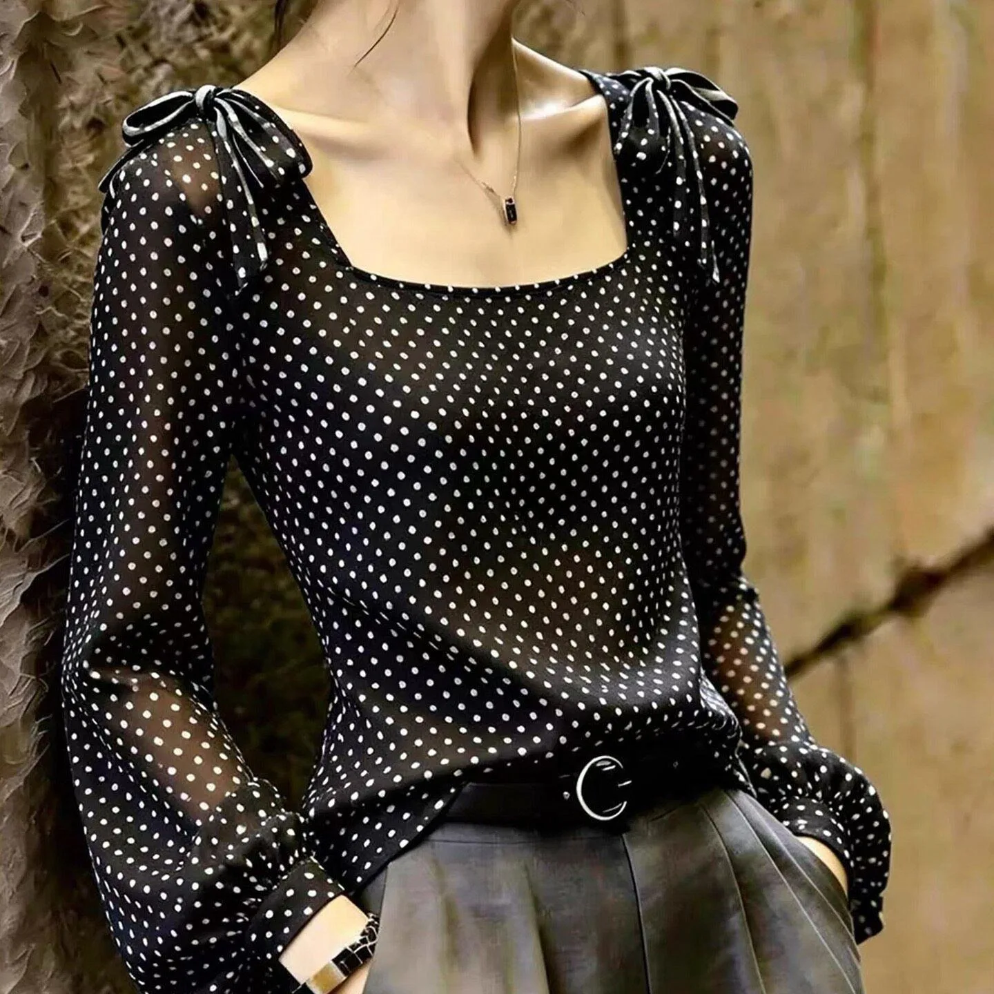 Early Autumn Vintage Black Polka Dot Square Collar Semi-Transparent Chiffon Shirt Double Shoulder  Knot Slimming Long