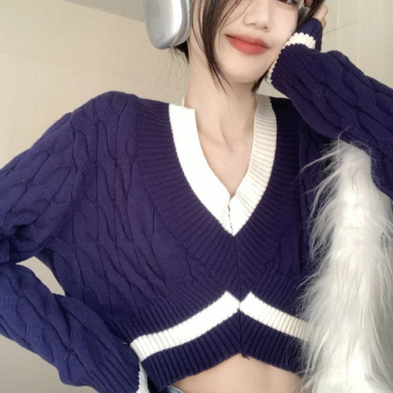 Maglione sexy per ragazza calda vento pigro maglione spesso T-shirt con scollo a V camicia di colore a contrasto autunno e inverno dolce abito da donna