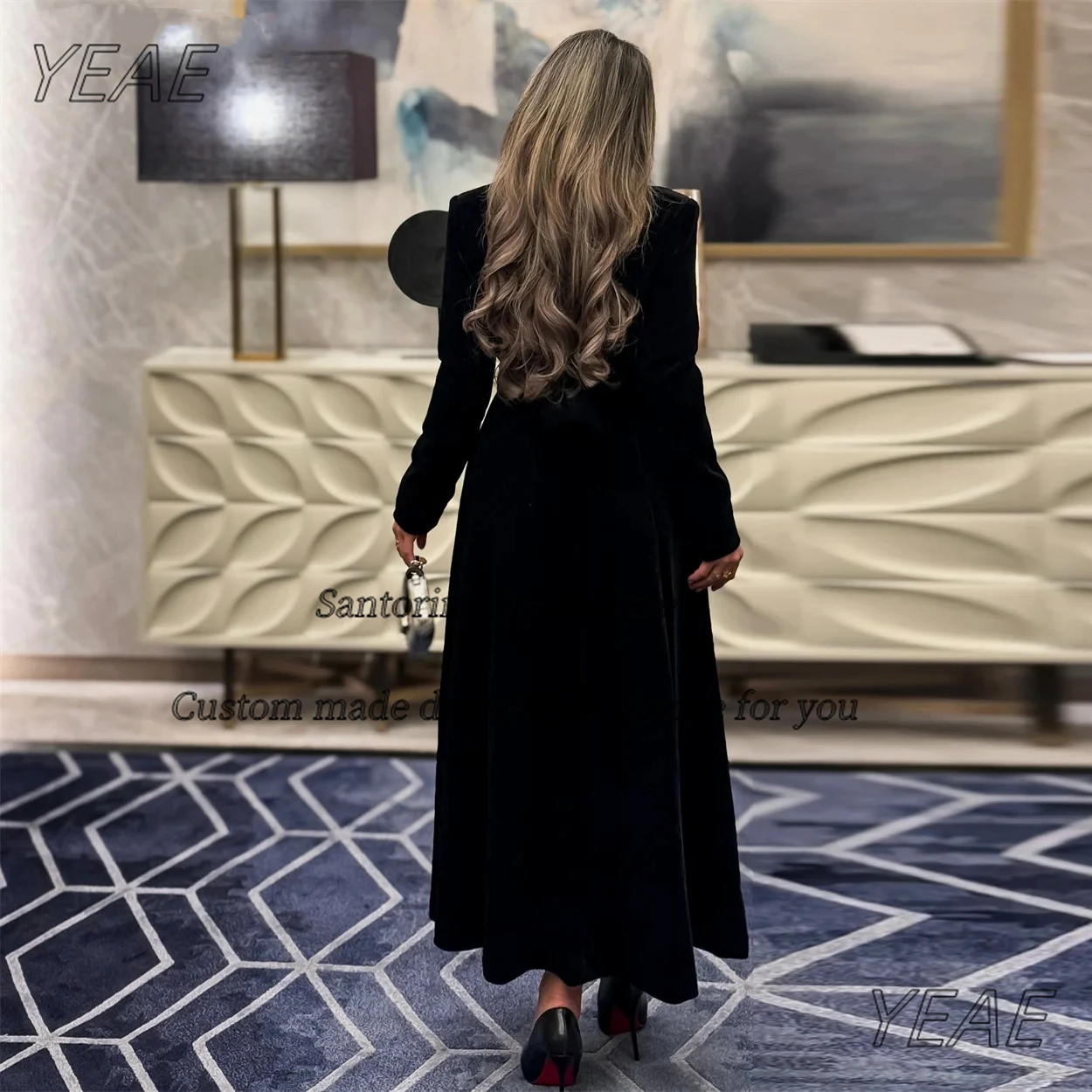Santorini Black Satin Saudi Arabia Evening Dresses Beading Ankle Length Prom Dress Customized Long Sleeves Jackets Vestidos Des image 2