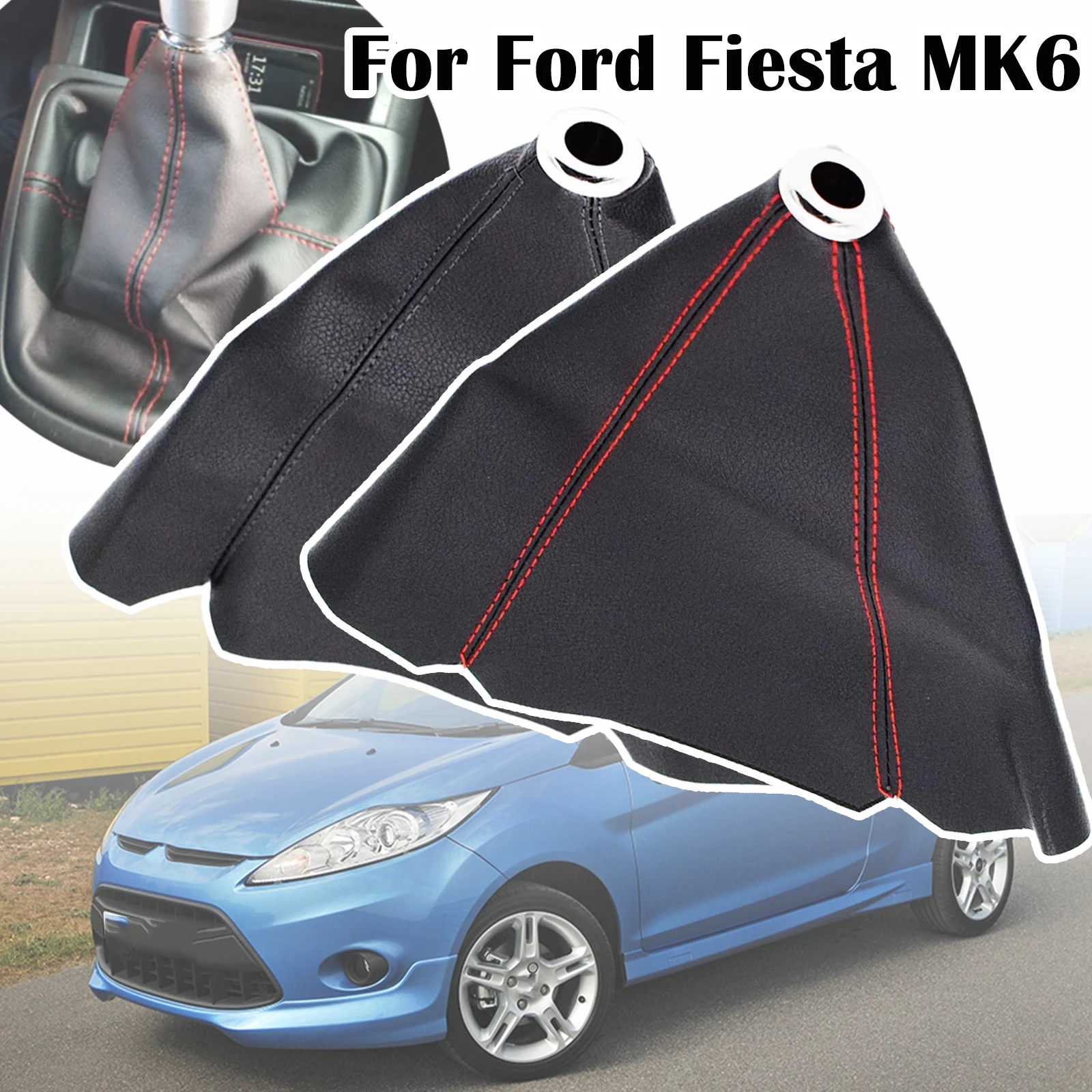 For Ford Fiesta MK6 Fusion Gear Stick Cover Shift Boot Car Shift Knob Leather Gear Shifter Boot Dust Cover Gear Gaiter Black Red