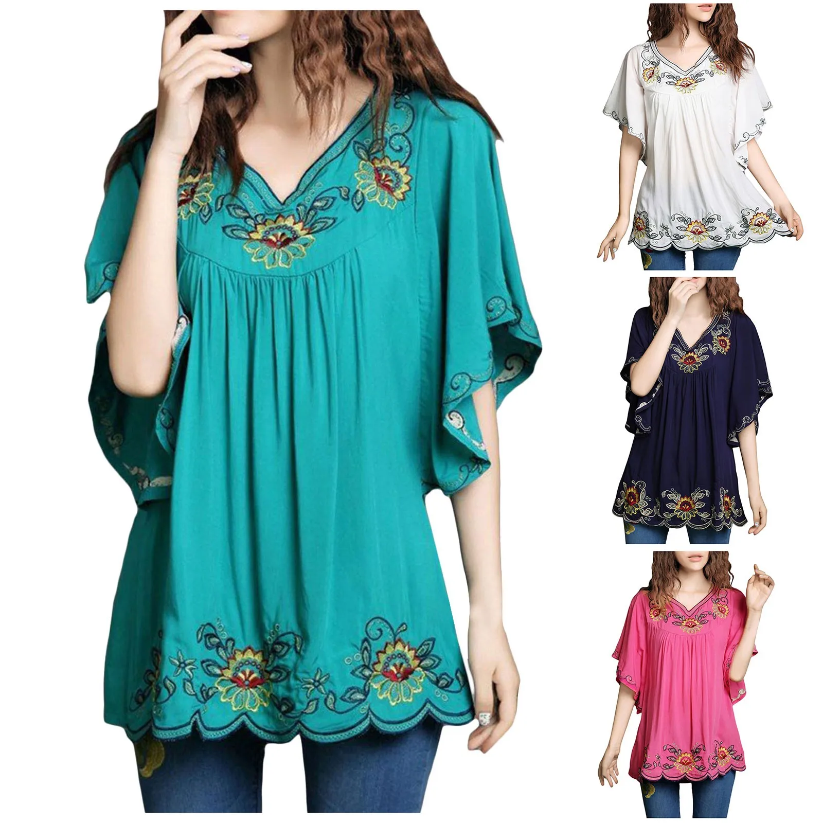 Tunic Women Mori Girl Embroidery Ethnic Retro Trend Top Shirt Bat Sleeve Short Sleeve Loose V Neck Large Size Korean Shirt