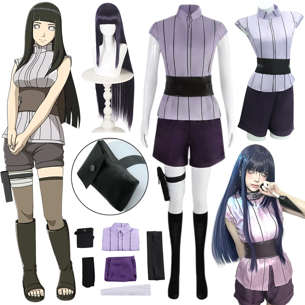 

Хьюга Хината Косплей Костюм Парик Аниме Ниндзя Одежда Поясная Сумка Полный Комплект Хэллоуин Карнавальный Вечерние Костюм Hyuuga Cos Женщины disfraz