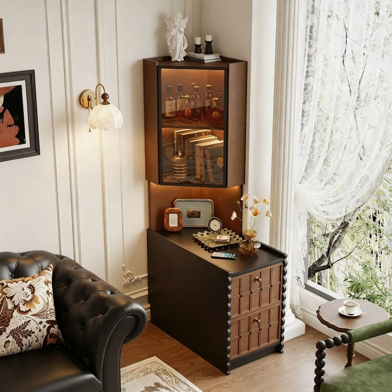 French retro corner cabinet shelf, living room corner storage bookcase, seam side cabinet next to sofa