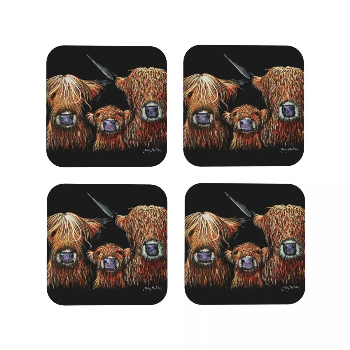 Scottish Highland Cows Coasters Coffee Mats Set of 4 Placemats Mug Tableware Decoration & Accessories Pads for Home Kitchen Bar