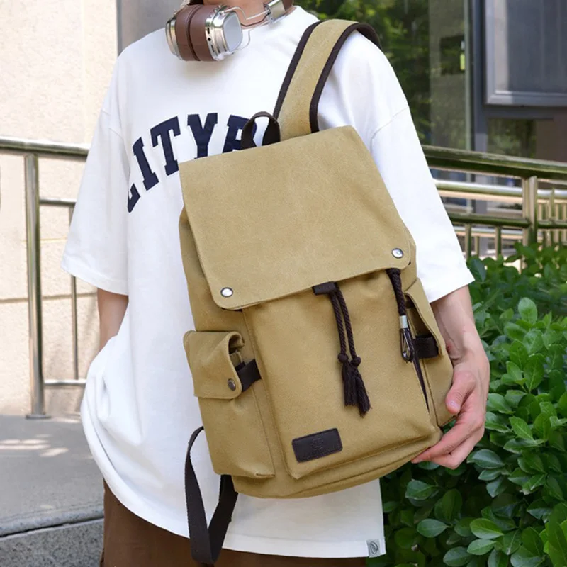 Large Drawstring Travel Backpack Retro Canvas Laptop Bag College Student Schoolbag Men Commuting Business Trip Shoulder Bag