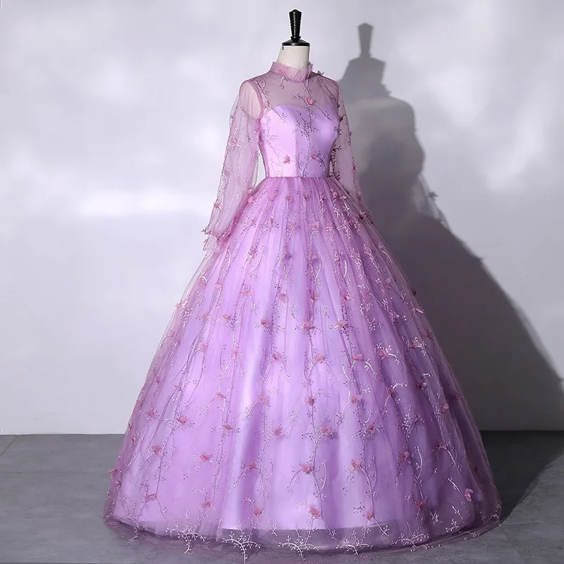 Vestidos de Quinceañera de manga larga, vestido de baile púrpura de flores dulces, vestido clásico de cuello alto para fiesta con cremallera en la espalda, vestido de graduación personalizado