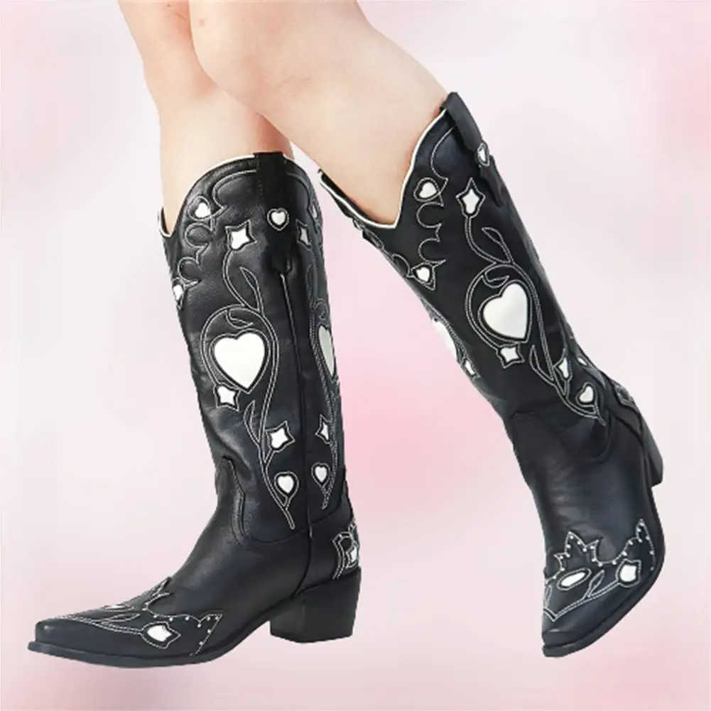 

Dropshipping Retro Love Embroidery Stitching Western Cowboy Boot Thick Heel Pointy Long Tube Leather Boots Large Women'S Boots