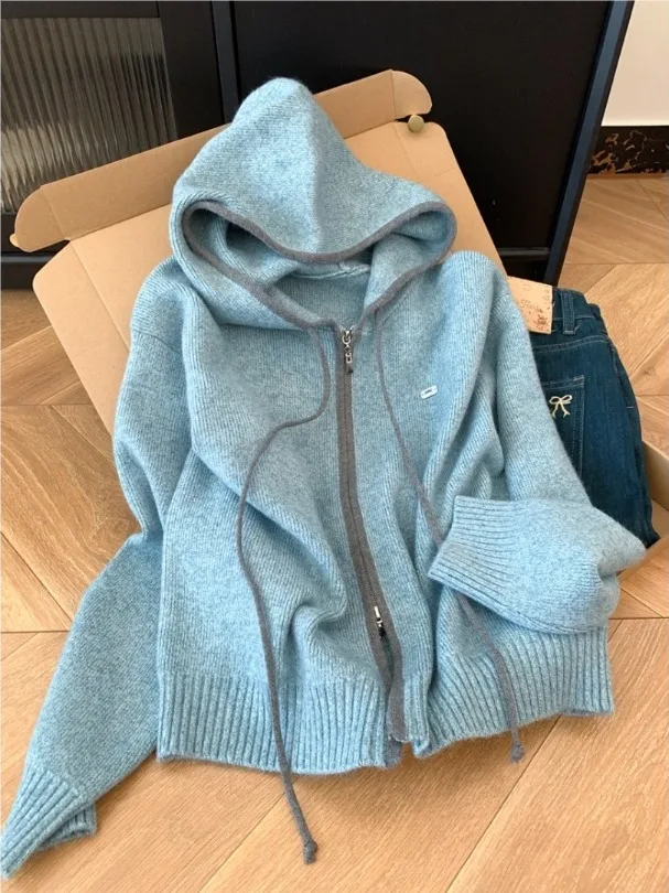 Blue Lazy Hooded Knitted Zipper Sweater Korean Style Loose Knitwear Autumn Outerwear Top Open Cardigan Cotton Blend Polyester...