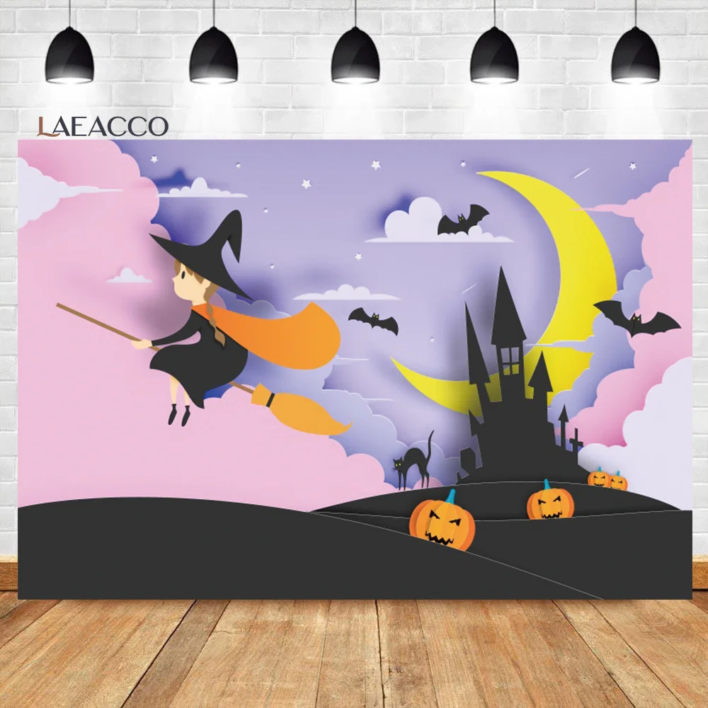 

Laeacco Pink Cartoon Pumpkin Ghost Witch Photography Backdrop Halloween Themed Girls Girls Birthday Baby Shower Photo Background