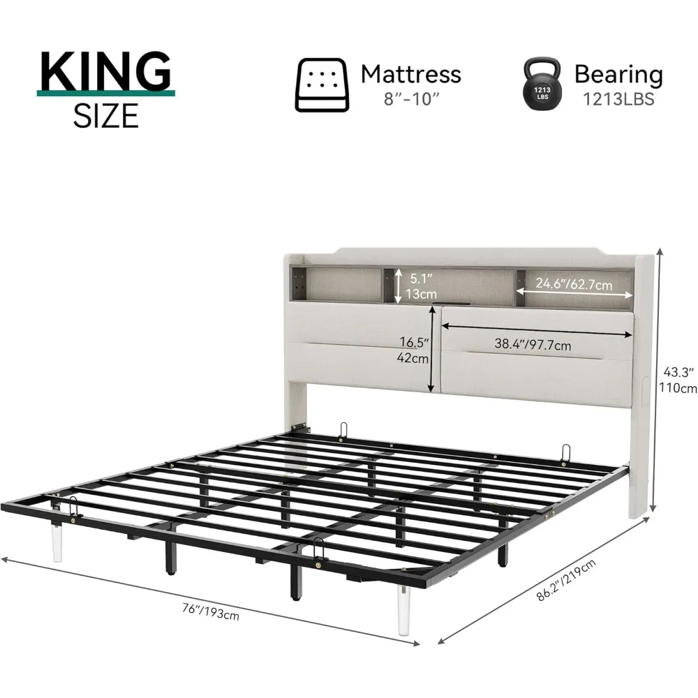 Rama łóżka pływającego typu king-size z diodą LED i ukrytym zagłówkiem, tapicerowane łóżko na platformie z USB-C/A, rama łóżka RGB, bez pudełka