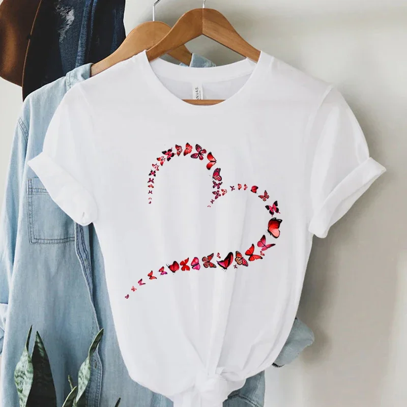 

Women Cotton T-shirt Butterfly Tee Female Love Heart Butterfly Print TShirt Lady Short Sleeve Summer Korean Fashion O-neck Tops