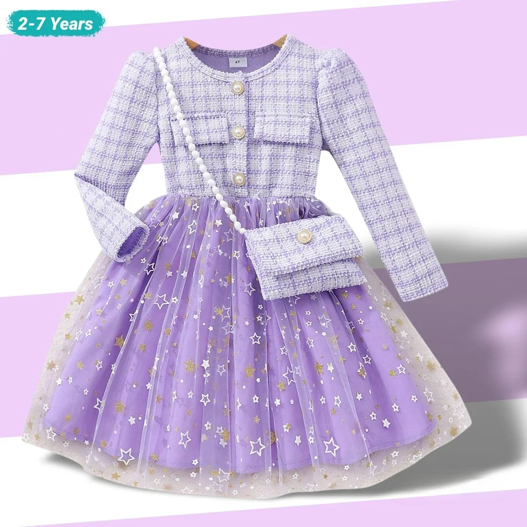 

NEW Autumn Kids Girl Dress Party Children Dresses Purple Plaid Long Sleeve Button Ventilate Girl Clothes Outfit 8 9 10 11 12 Yrs