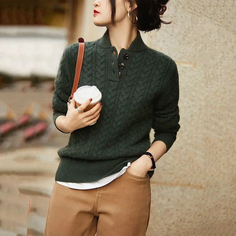 

New Autumn Knitted Pullover Top Women Sweater Stand-up Collar Half-Open Leisure Solid Color Texture Women Elegant Sweater