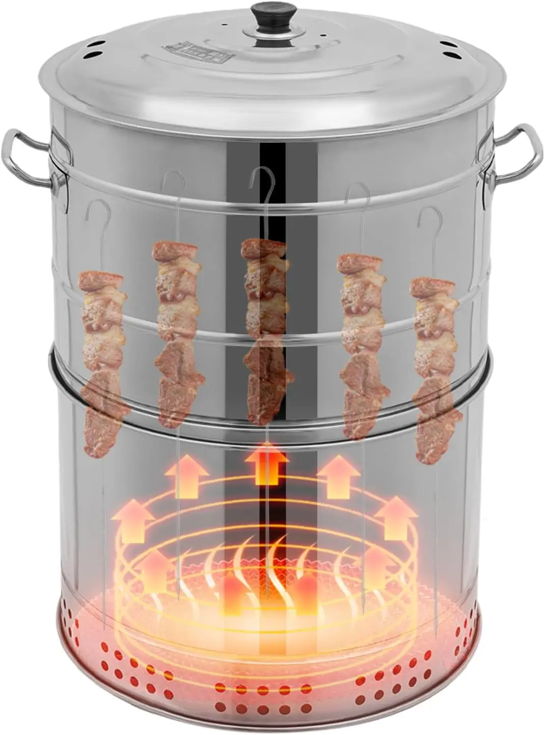 Stainless Steel Smokeless Barbecue Surround Charcoal Grill, 50 Kabob Skewer Portable Charcoal BBQ Charcoal Barrel Smoker with Gr