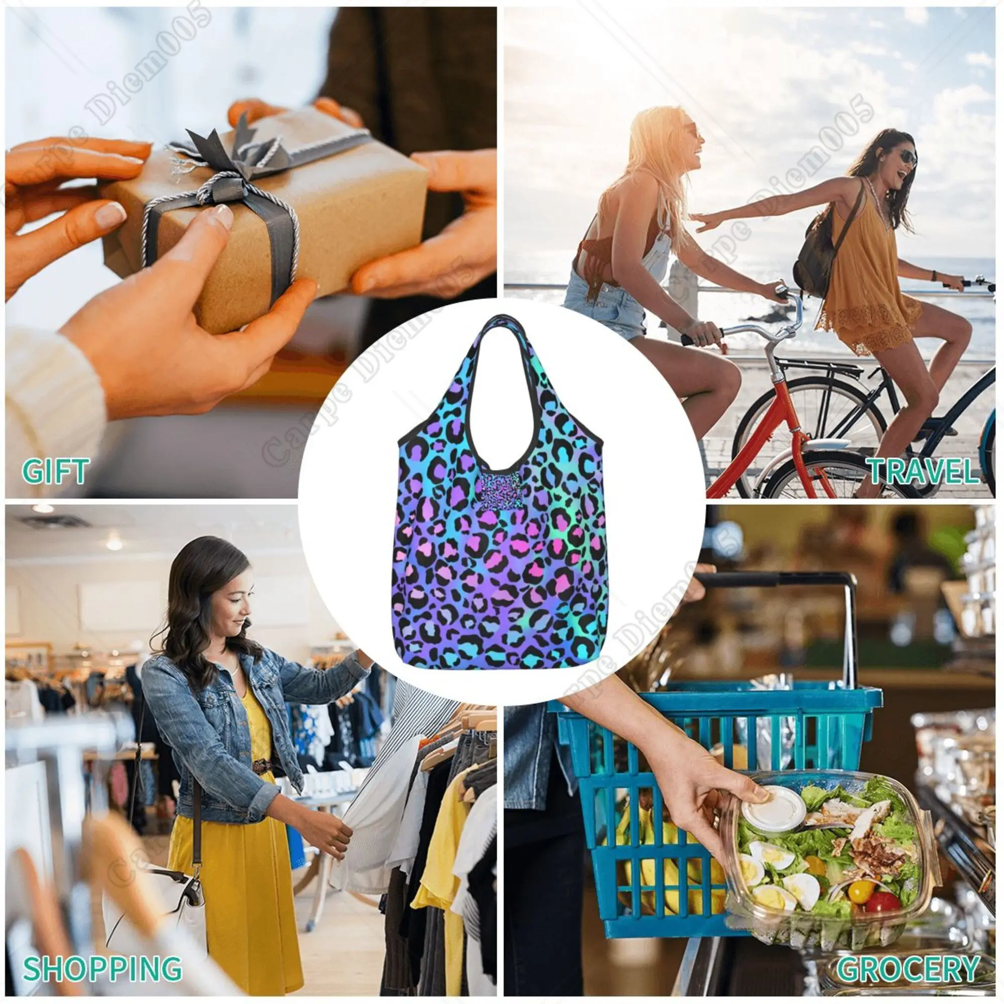 Colorful Leopard Print Folding Shopper Bag Portable Tote Bag Recyclable Grocery Bags for Men Women Outdoor One Size