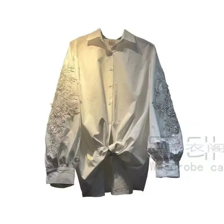 Korean Version Spring New Three-dimensional Lace Beaded Shirt for Women Loose and Versatile Temperament Regular Sleeve Cardigan