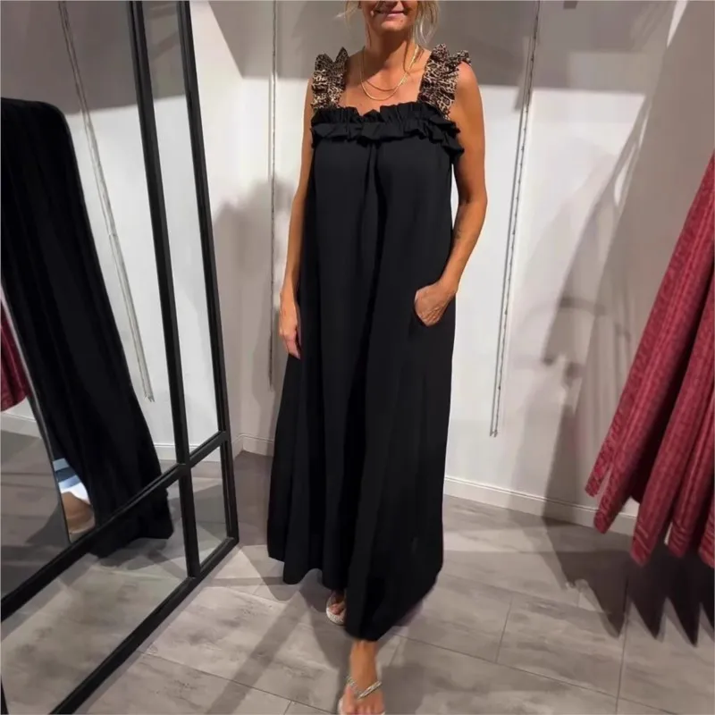 2025 Summer Boho Leopard Print Suspender dress Casual Pocket Long Skirt Loose A-line Large Hem Dresses Beach Party Robe Femme