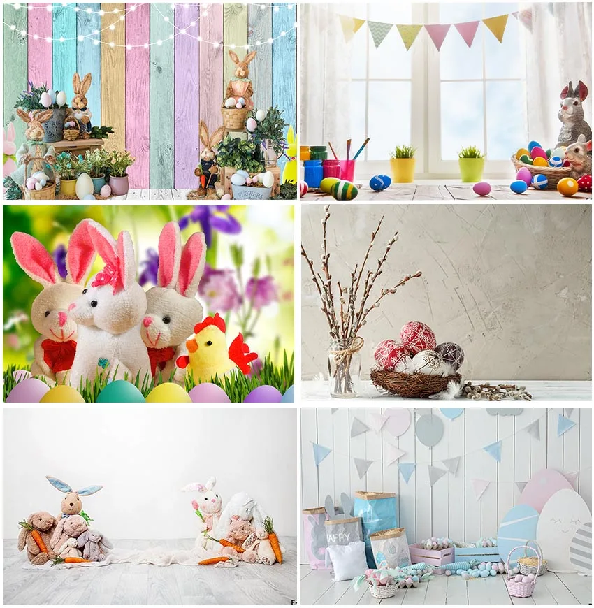 Happy Easter Theme Cute Bunny Eggs Photographic Window Spring Wood Planks Backdrops Birthday Baby Shower Backgrounds Photocall