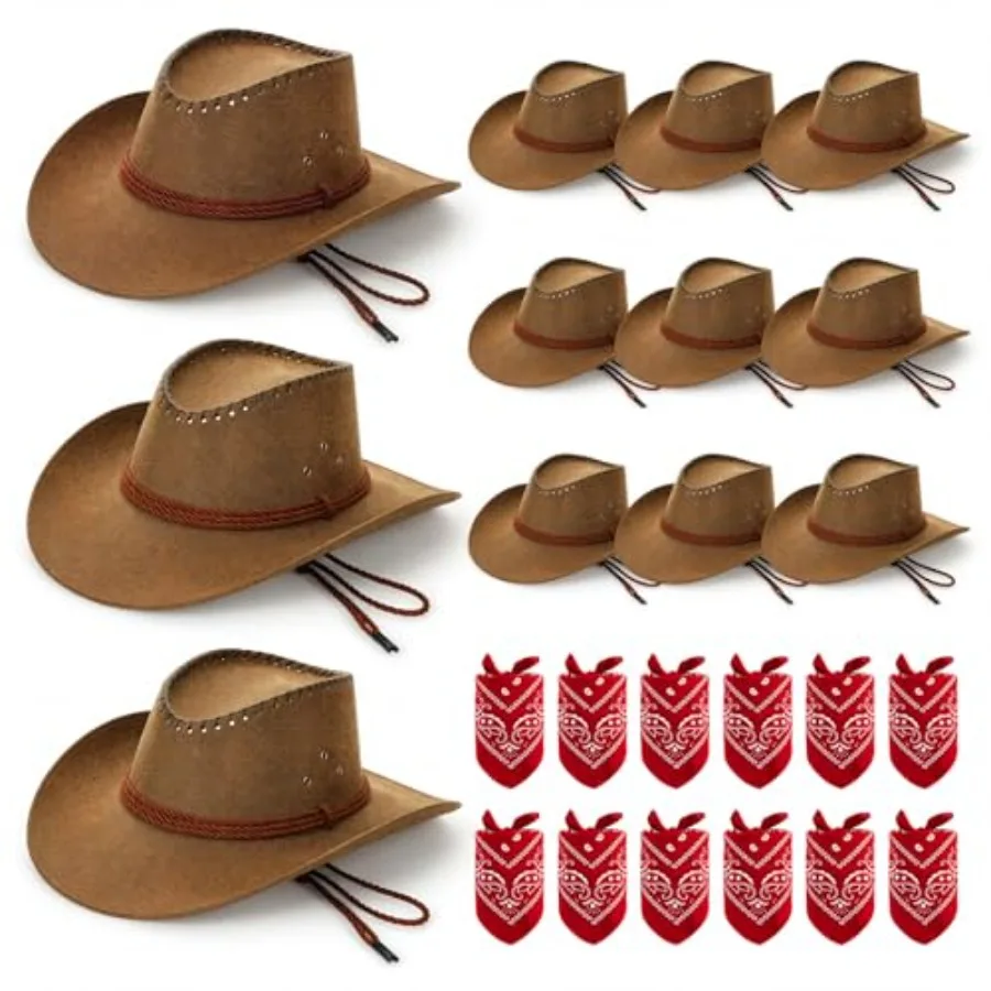 

24 Pcs Western Cowboy Hat Set Cowboy Themed Party Hats with Red Bandanna for Birthday Costume Cosplay Party