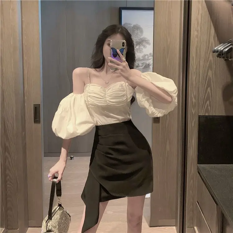 2024 Celebrity Temperament Nightclub Niche Off Shoulder Bubble Sleeve Top+slim Irregular A-line Skirt Two-piece Set for Women