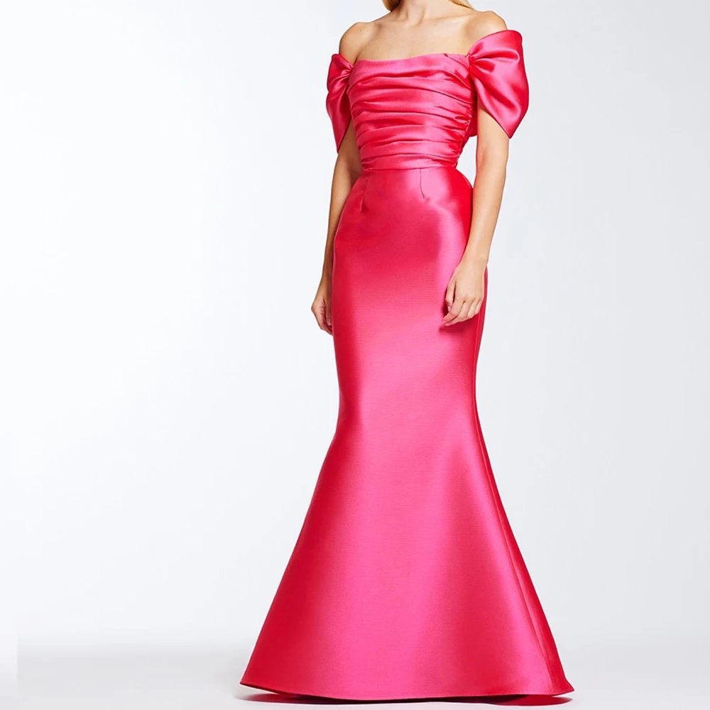 

Elegant Mermaid Off the Shoulder Sweep Train Evening Dress Zipper Back Classic Sleeveless Pleats Satin Floor Length Solid Color