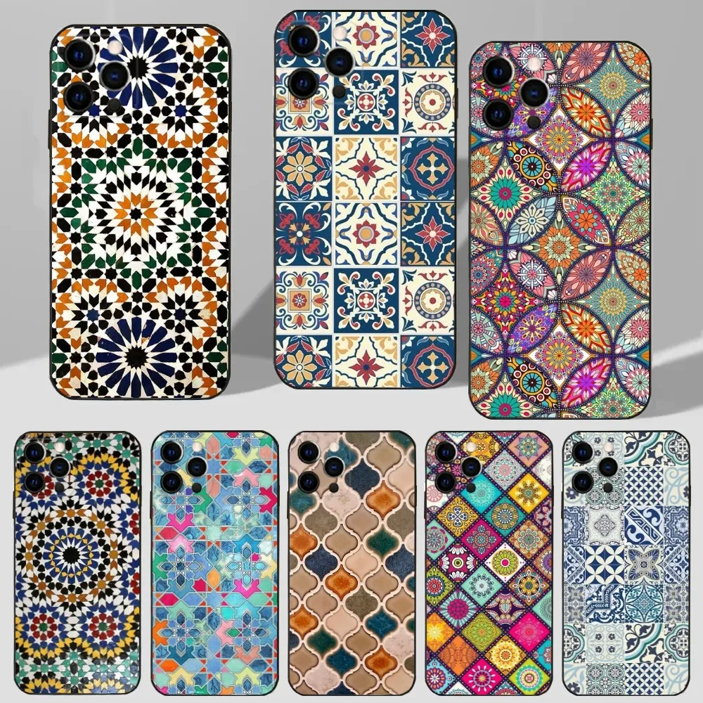 M-Marocain Tile-Coque de t�l�phone en silicone souple noir, �tui pour iPhone 16,15,14,13,12,11 Plus,Pro Max,XS,X, Poly, SE,Mini,8,7