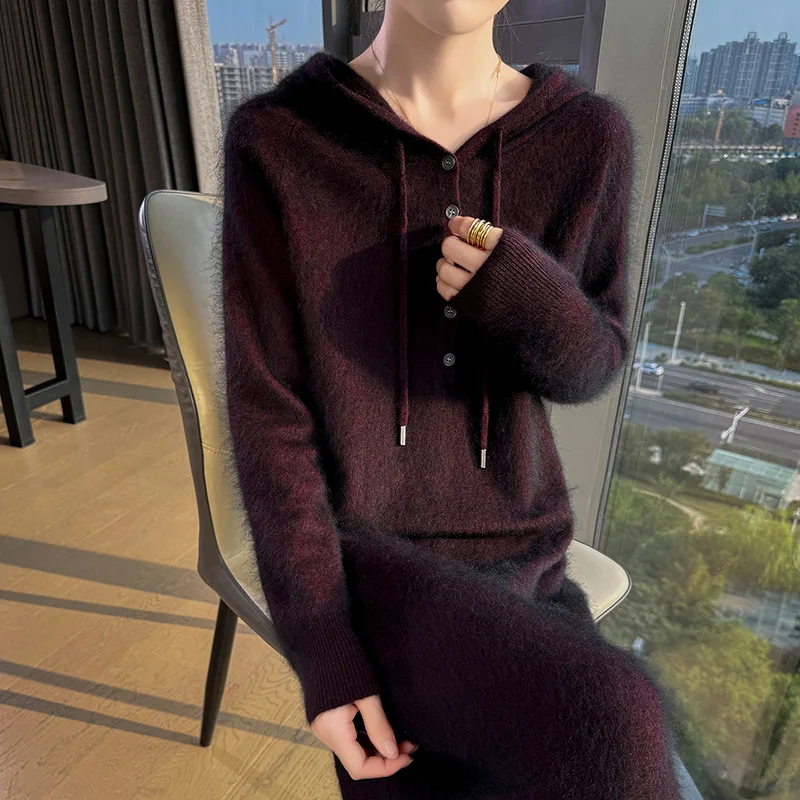 Novo vestido feminino com capuz de manga comprida de malha elegante suéter de cor sólida pulôver feminino 100% vestido de caxemira de vison