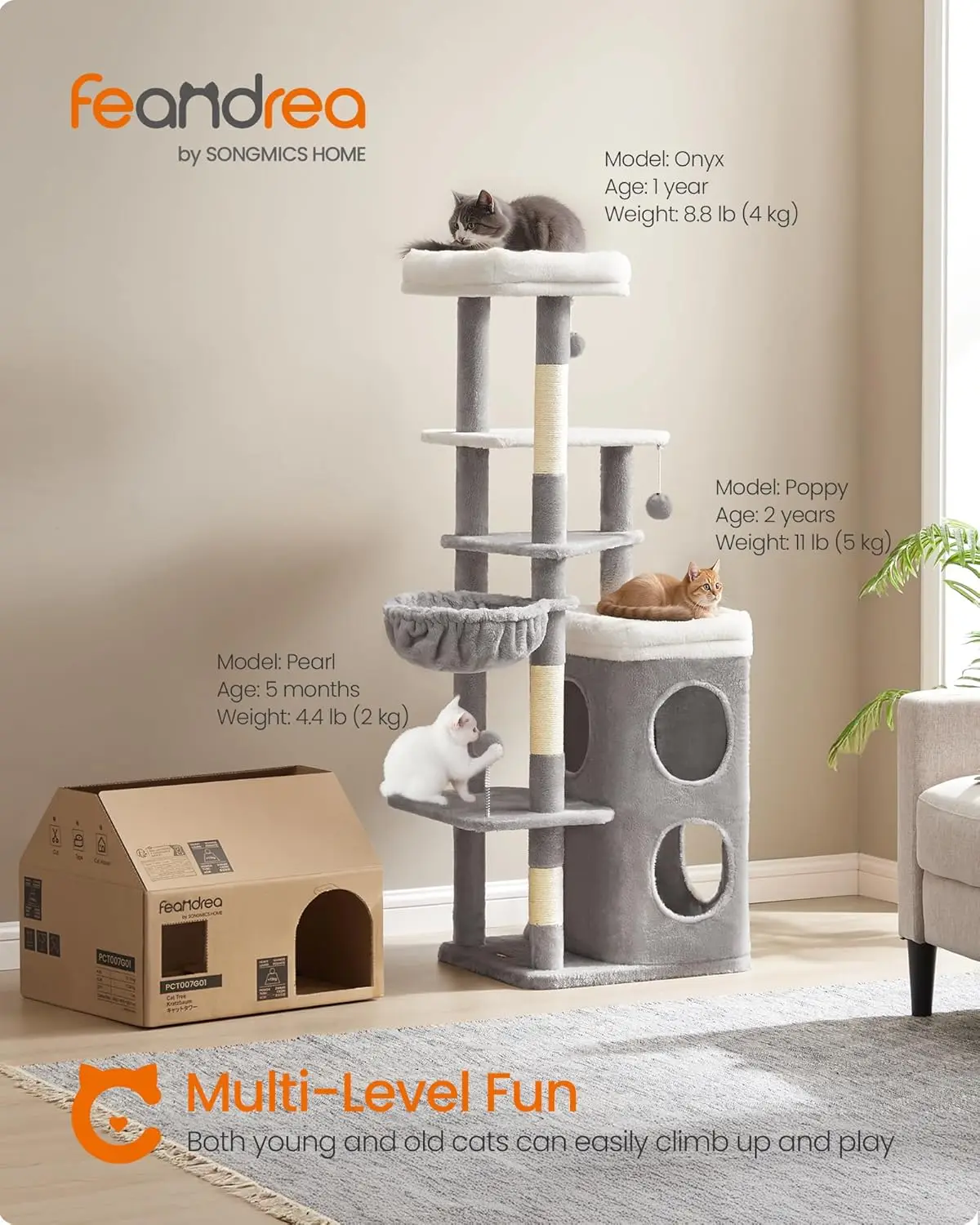 Indoor Multiple-Level Plush Cat Tower, 60-Inch with 2 Caves, 3 Scratching Posts, Dove Gray