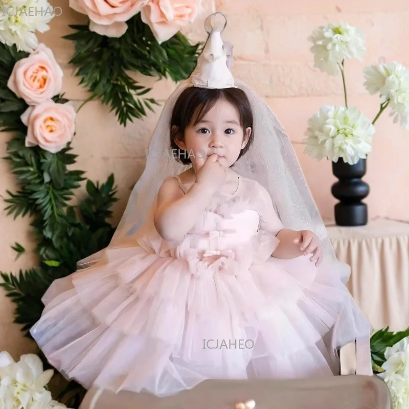 Pink Baby Girl First Birthday Princess Sweet Tutu Net Lace Gown Infant Formal Party Outfit Cute Girls Christening Celebration