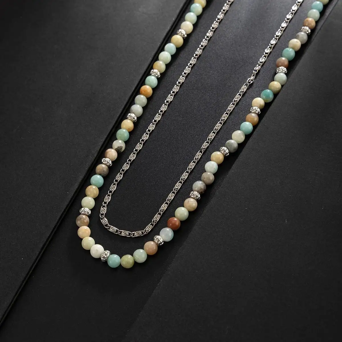Ingemark 2Pcs/Set Trendy Acrylic Stone Beads Chokers Necklaces for Men Bohemia Multi Layer Stackable Clavicle Chain Male Jewely
