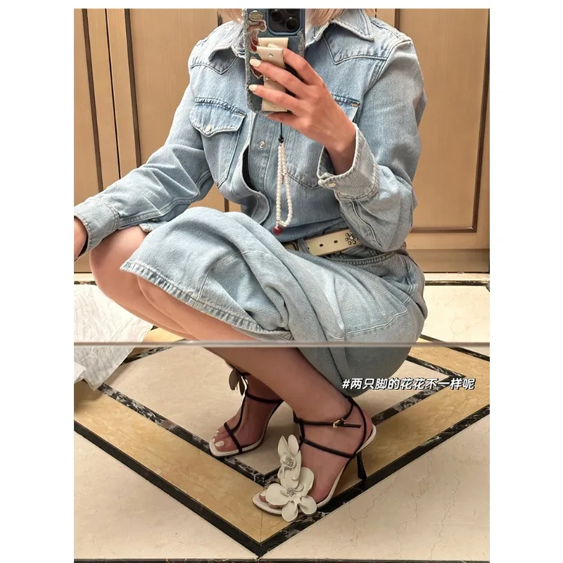 Flower T-Tied Women's Sandals Square Toe Stiletto Side Air Slingback High Heel One Word Belt Buckle Strap Elegant Shoes Wedding